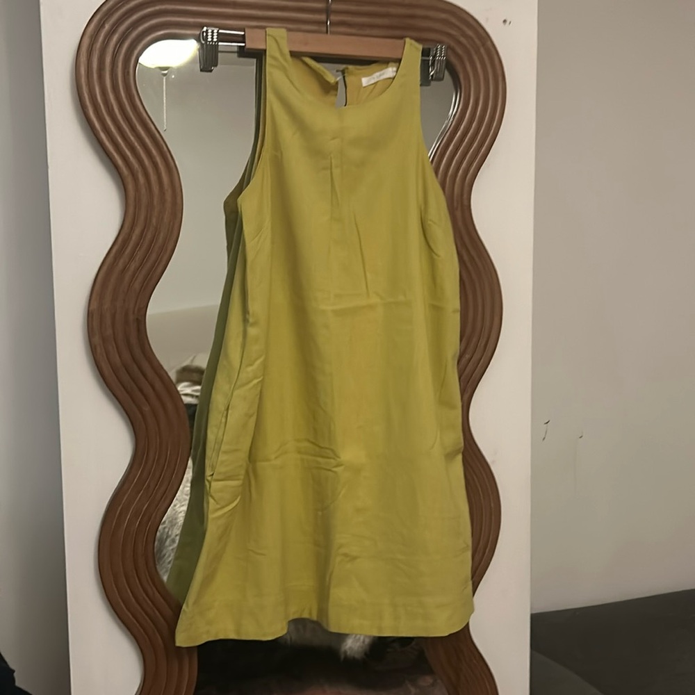 Yellow linen/rayon a-line lined dress with pockets xs